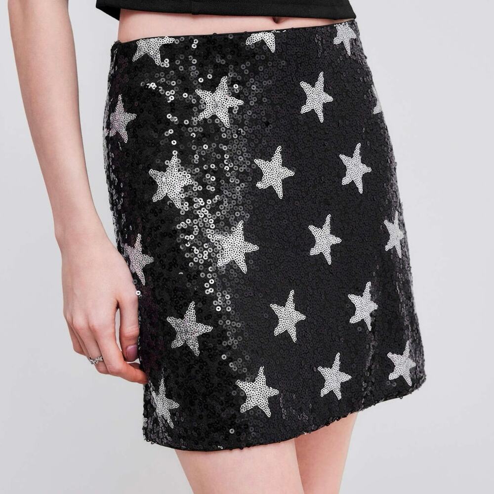 Cider Black Sequin Mini Skirt with Silver Star Accents